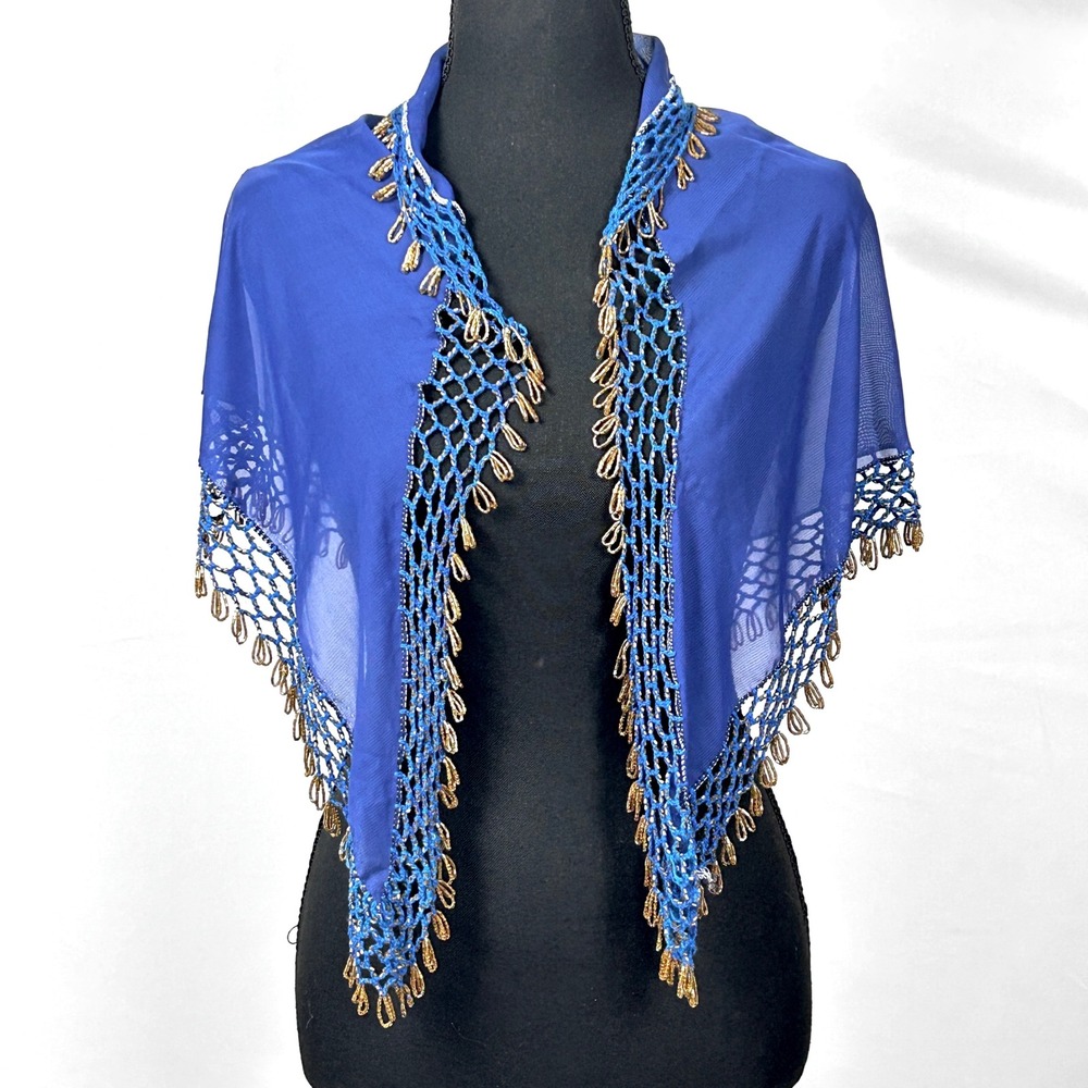 Vintage Beaded Crochet Chiffon Triangle Shawl Scarf Wrap Fringe Boho Blue Gold